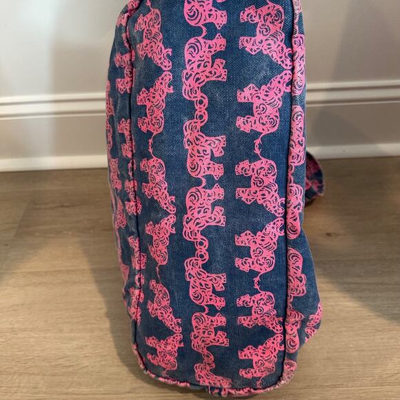 Lilly Pulitzer Elephant Printed Denim Tote Bag Navy Blue/Pink Distressed Carryal - Picture 12 of 12
